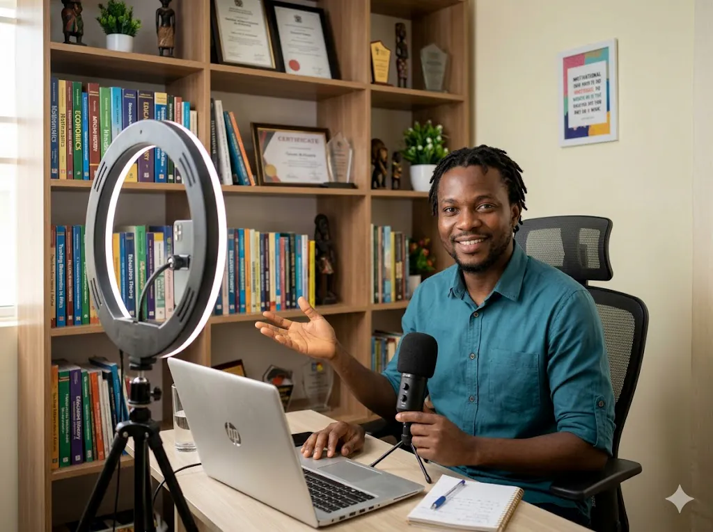 African educator recording an online course